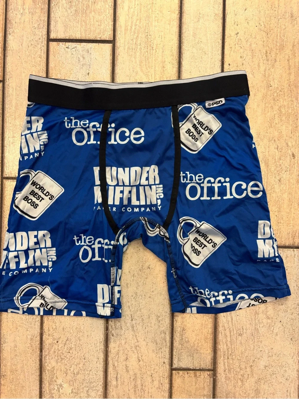 The Office Dunder Mifflin Boxers with white text and coffee mug graphics on blue
